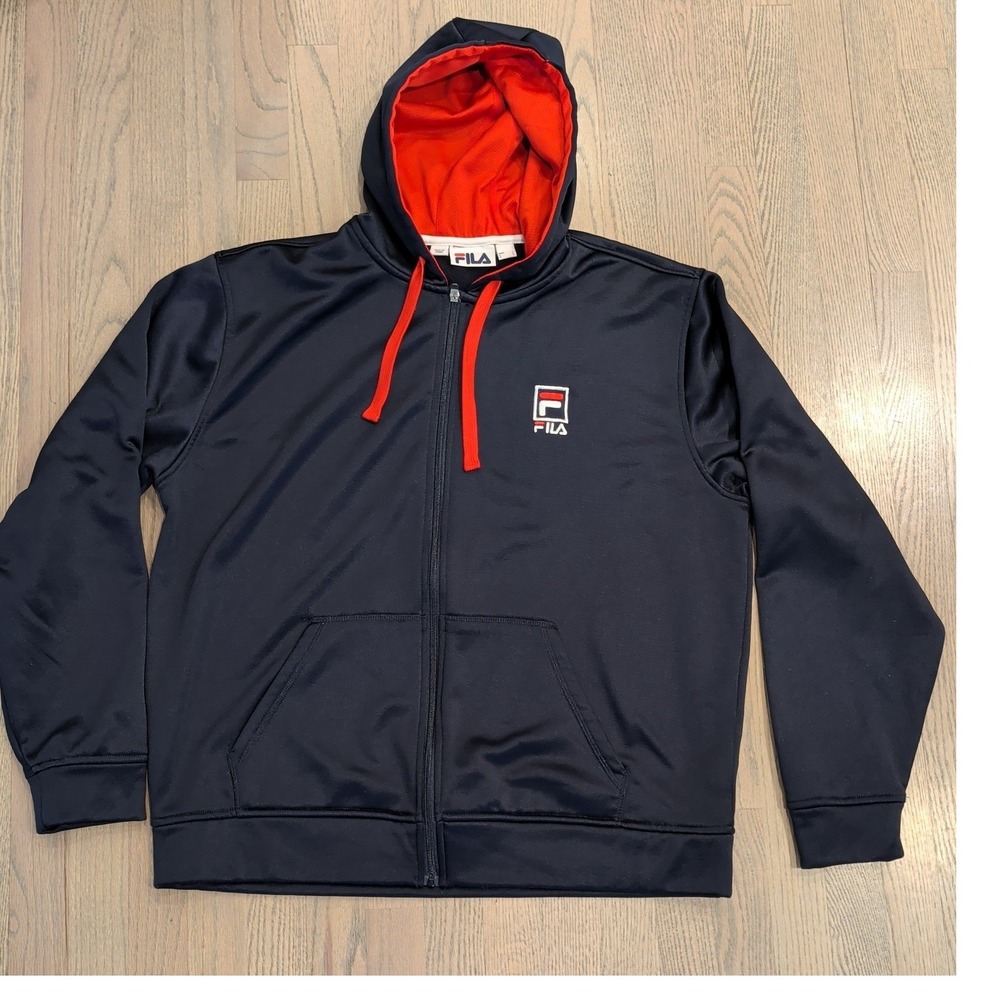 Fila Mens Navy Blue Red Full Zip Hoodie Track Jacket Large Mesh Lined Hood